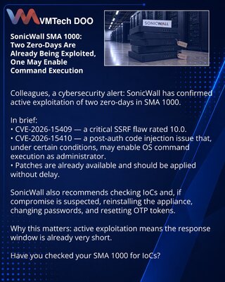 SonicWall SMA 1000: dva zero-day već se koriste, jedan može da omogući izvršavanje komandi