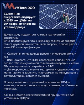 Solarna energija prednjači do 2035, ali data centri na AI održaće potražnju za ugljovodonicima