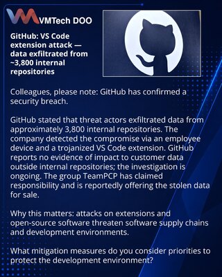 GitHub: napad preko ekstenzije VS Code — ukradeni podaci iz ~3.800 internih repozitorijuma