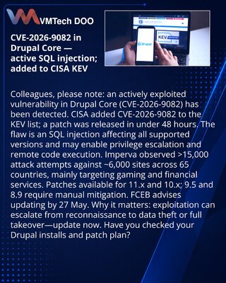 CVE-2026-9082 u Drupal Core: aktivna SQL injekcija, CISA uvrstila u KEV
