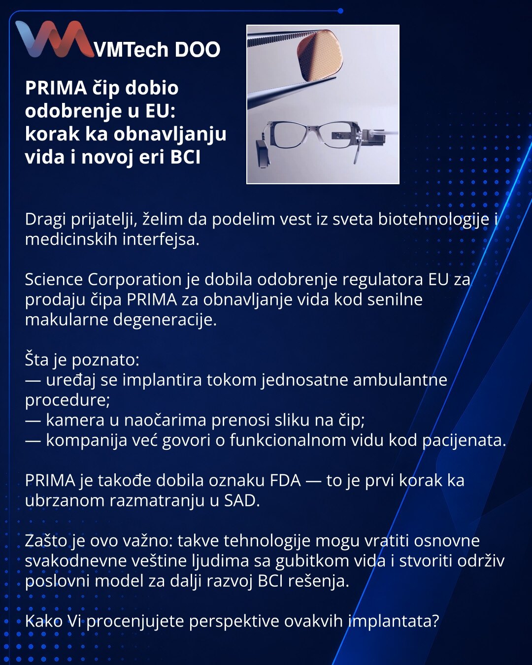 PRIMA čip dobio odobrenje u EU: korak ka obnavljanju vida i novoj eri BCI