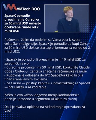 SpaceX ponudio preuzimanje Cursor‑a za 60 mlrd USD umesto očekivane runde od 2 mlrd USD
