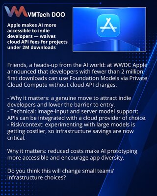 Apple olakšava pristup veštačkoj inteligenciji indie‑razvijačima — bez naplate cloud API za projekte