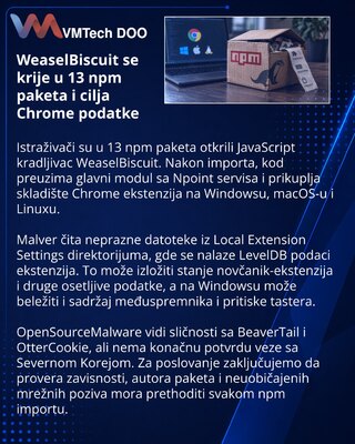 WeaselBiscuit u 13 npm paketa cilja podatke Chrome ekstenzija