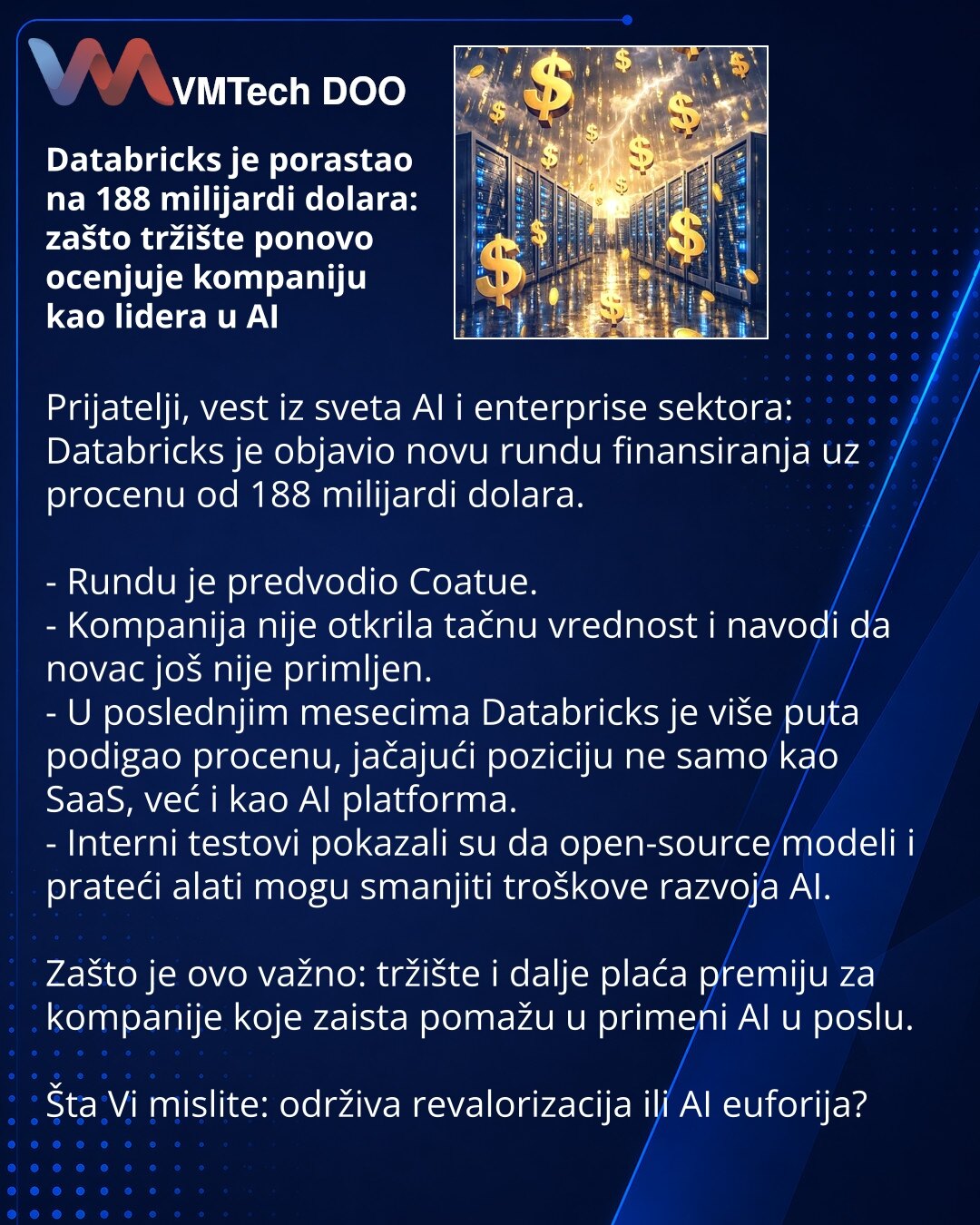 Databricks je porastao na 188 milijardi dolara: zašto tržište ponovo ocenjuje kompaniju kao lidera u AI