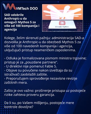 SAD odobrile Anthropic-u da omogući Mythos 5 za više od 100 kompanija i agencija