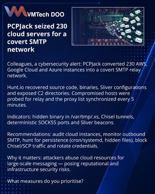 PCPJack preuzeo 230 oblačnih servera za skrivenu SMTP‑mrežu