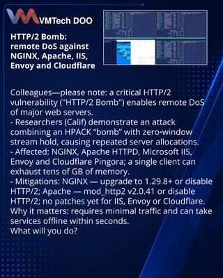 HTTP/2 Bomb: новая уязвимость позволяет удалённый DoS на NGINX, Apache, IIS, Envoy и Cloudflare