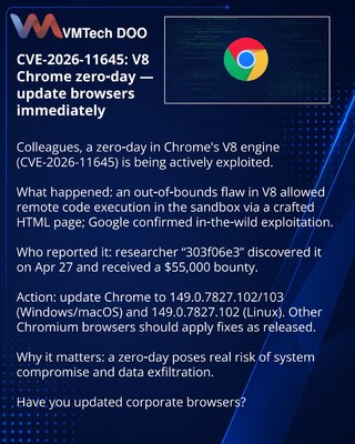 CVE-2026-11645: nulti dan u V8 Chrome — ažurirajte odmah