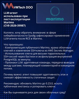LLM‑агент использован при пост‑эксплуатации Marimo (CVE‑2026‑39987)