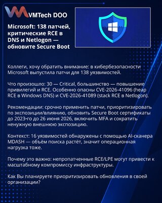 Microsoft: 138 ispravki, kritični RCE u DNS i Netlogon — ažurirajte Secure Boot