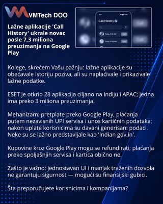 Lažne aplikacije 'Call History' ukrale novac posle 7,3 miliona preuzimanja na Google Play