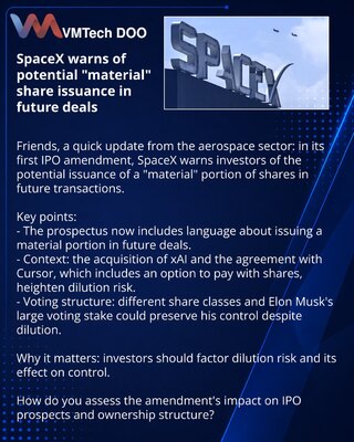 SpaceX предупреждает о возможной «значительной» выдаче акций в будущих сделках