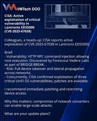 CISA: Active exploitation of critical vulnerability in Lantronix EDS5000 (CVE-2025-67038)