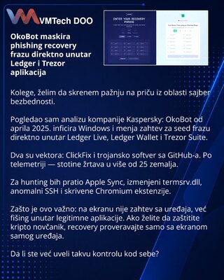 OkoBot маскирует phishing recovery phrase прямо внутри Ledger и Trezor apps