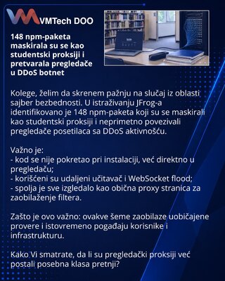148 npm-paketa maskirala su se kao studentski proksiji i pretvarala pregledače u DDoS botnet