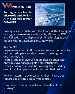 Pentagon angažuje Nvidia, Microsoft i AWS — AI u poverljivim IL6/IL7 mrežama
