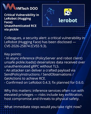 Критическая уязвимость в LeRobot (Hugging Face): неаутентифицированное RCE через pickle