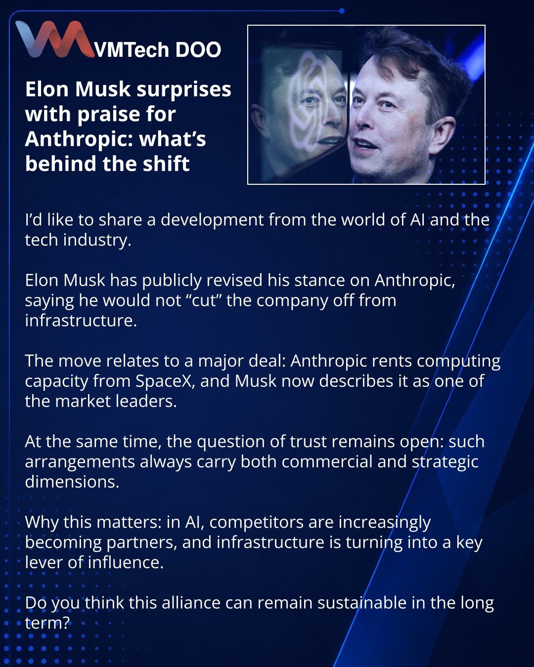 Elon Musk neočekivano pohvalio je Anthropic: šta stoji iza ovog zaokreta

Prijatelji, želim da podelim vest iz sveta veštačke inteligencije i tehnološke industrije.

Ilon Mask je javno preispitao svoj stav o kompaniji Anthropic i istakao da ne bi „odsekao“ kompaniju od infrastrukture.

Reč je o velikom ugovoru: Anthropic iznajmljuje računarske kapacitete od SpaceX-a, a sam Mask ih sada naziva jednim od lidera tržišta.

Pritom pitanje poverenja ostaje otvoreno: kod takvih dogovora uvek postoje i
