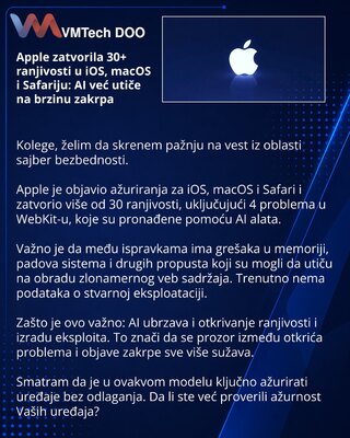 Apple zatvorila 30+ ranjivosti u iOS, macOS i Safariju: AI već utiče na brzinu zakrpa
