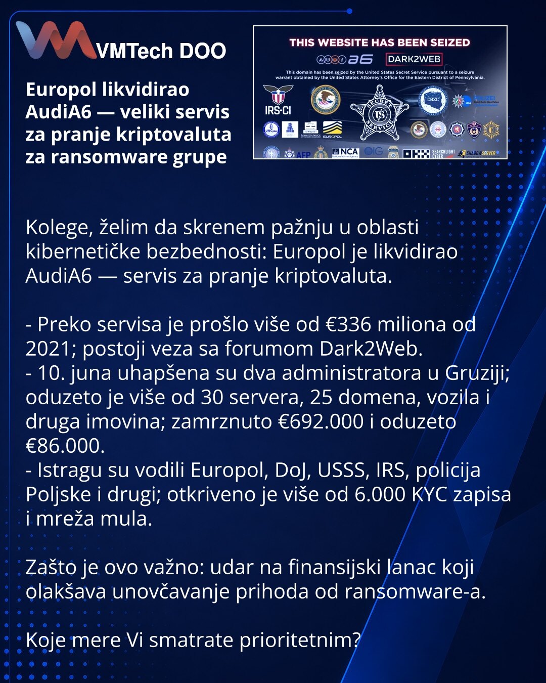 Europol likvidirao AudiA6 — veliki servis za pranje kriptovaluta za ransomware grupe

Kolege, želim da skrenem pažnju u oblasti kibernetičke bezbednosti: Europol je likvidirao AudiA6 — servis za pranje kriptovaluta.

- Preko servisa je prošlo više od €336 miliona od 2021; postoji veza sa forumom Dark2Web.
- 10. juna uhapšena su dva administratora u Gruziji; oduzeto je više od 30 servera, 25 domena, vozila i druga imovina; zamrznuto €692.000 i oduzeto €86.000.
- Istragu su vodili Europol, DoJ, US