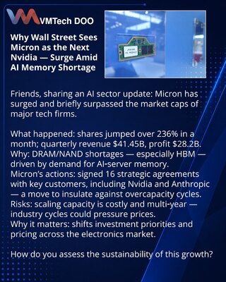 Zašto Wall Street vidi Micron kao novu Nvidiju — skok zbog nestašice memorije za AI