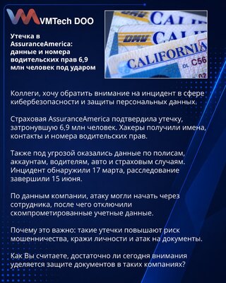 Утечка в AssuranceAmerica: данные и номера водительских прав 6,9 млн человек под ударом