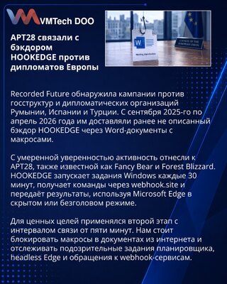 APT28 связали с бэкдором HOOKEDGE в атаках на дипломатов Европы