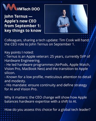 John Ternus — novi CEO Apple od 1. septembra: šta je važno znati