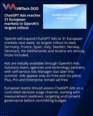 OpenAI širi ChatGPT Ads na 31 tržište Evrope