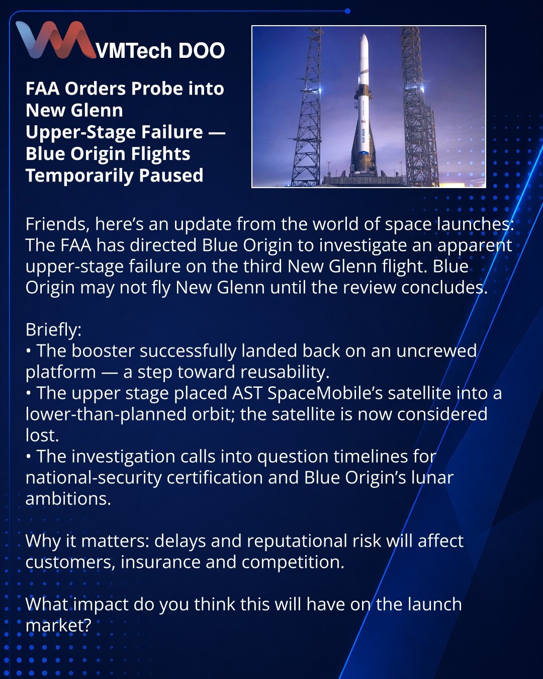 FAA zahteva istragu kvara gornje faze New Glenn — letovi Blue Origin privremeno obustavljeni

Želim da podelim iz sveta svemirskih lansiranja:
FAA je naložila kompaniji Blue Origin da istraži očigledan kvar gornje faze New Glenn nakon trećeg lansiranja. Kompanija neće moći da leti na New Glenn dok se provera ne završi.

Kratko:
• Pokretač (booster) uspešno je ponovo sleteo na bespilotnu platformu — korak ka ponovnoj upotrebi.
• Gornja faza je satelit AST SpaceMobile smestila na nižu orbitu nego