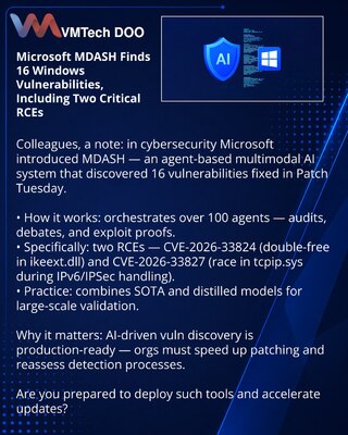 Microsoft MDASH нашёл 16 уязвимостей Windows, включая два критических RCE