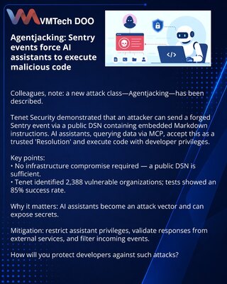 Agentjacking: Sentry‑događaji navode AI‑asistente da izvode zlonamerni kod