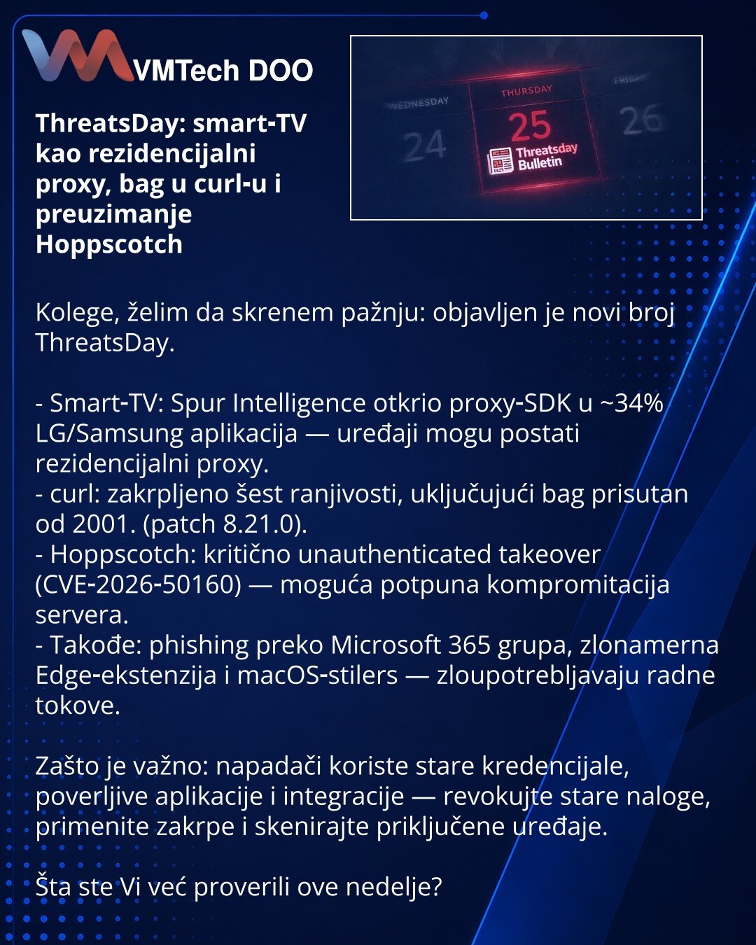 ThreatsDay: smart‑TV kao rezidencijalni proxy, bag u curl‑u i preuzimanje Hoppscotch

Kolege, želim da skrenem pažnju: objavljen je novi broj ThreatsDay.

- Smart‑TV: Spur Intelligence otkrio proxy‑SDK u ~34% LG/Samsung aplikacija — uređaji mogu postati rezidencijalni proxy.
- curl: zakrpljeno šest ranjivosti, uključujući bag prisutan od 2001. (patch 8.21.0).
- Hoppscotch: kritično unauthenticated takeover (CVE‑2026‑50160) — moguća potpuna kompromitacija servera.
- Takođe: phishing preko Microso