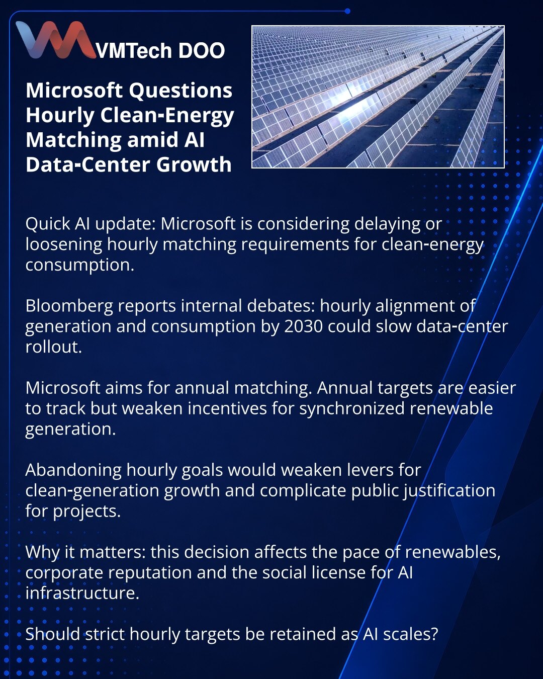 Microsoft dovodi u pitanje satno usklađivanje čiste energije zbog skaliranja AI data centara

Poštovani, delimo vest: Microsoft razmatra odlaganje ili ublažavanje satnog usklađivanja potrošnje čiste energije.

Prema Bloombergu, u kompaniji traju interne debate: satno poklapanje proizvodnje i potrošnje do 2030. može usporiti brzo širenje data centara.

Microsoft predlaže godišnje usklađivanje — godišnji ciljevi se lakše prate, ali slabije stimulišu sinhronizovanu proizvodnju OIE.

Odustajanje od