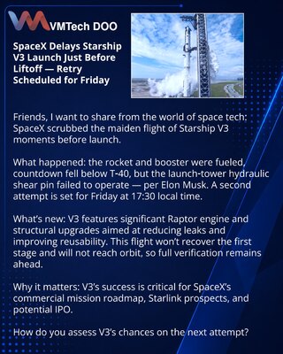 SpaceX отложила старт Starship V3 перед взлётом — повторная попытка в пятницу