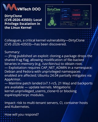 DirtyClone (CVE-2026-43503): локално повећање привилегија у Linux језгру