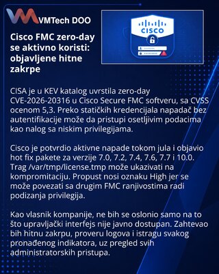 Cisco objavio hitne zakrpe za aktivno iskorišćeni zero-day u FMC softveru
