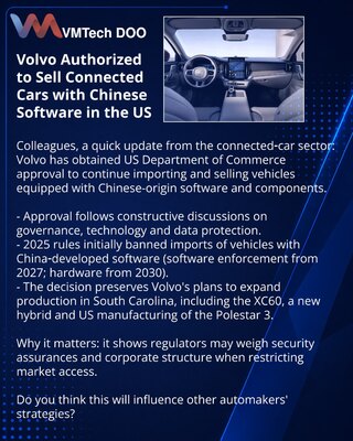 Volvo dobio dozvolu u SAD za prodaju povezanih vozila sa kineskim softverom