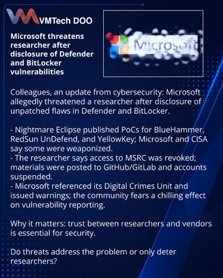 Microsoft угрожает исследователю после публикации уязвимостей в Defender и BitLocker