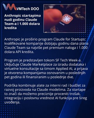 Anthropic startapima daje godinu Claude Team-a i API kredite