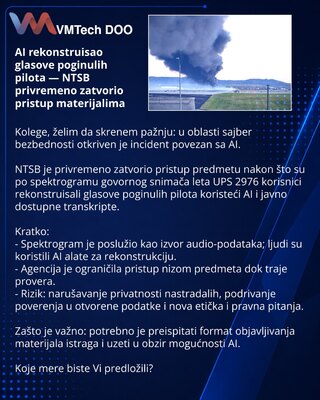 AI rekonstruisao glasove poginulih pilota — NTSB privremeno zatvorio pristup materijalima