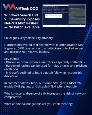 Уязвимость Windows Search URI раскрывает NTLMv2‑хеши — патча нет