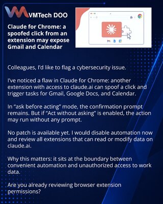 Claude for Chrome: поддельный клик из расширения может открыть доступ к Gmail и календарю
