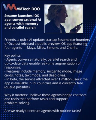 Sesame pokrenula iOS-aplikaciju: konverzacijski AI-agenti sa memorijom i paralelnom pretragom