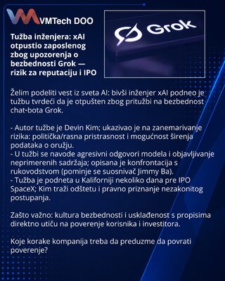 Tužba inženjera: xAI otpustio zaposlenog zbog upozorenja o bezbednosti Grok — rizik za reputaciju i IPO
