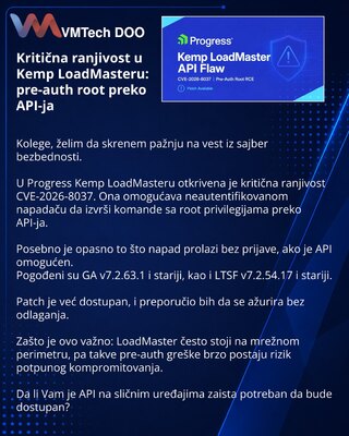 Kritična ranjivost u Kemp LoadMasteru: pre-auth root preko API-ja