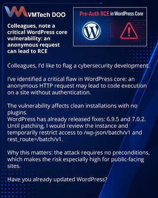 Коллеги, хочу обратить внимание на критическую уязвимость WordPress core: anonymous запрос может привести к RCE