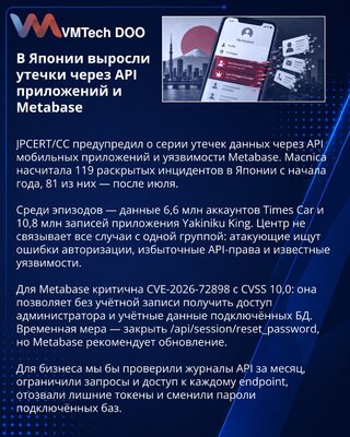 JPCERT/CC предупредил о росте утечек через API и Metabase в Японии