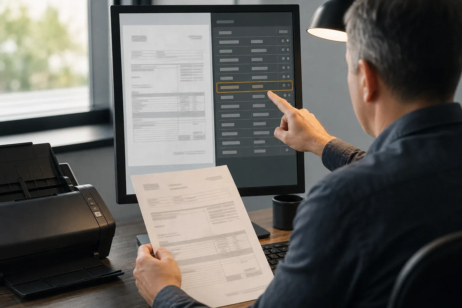 An employee compares an incoming document scan with extracted fields and reviews one value highlighted as uncertain.